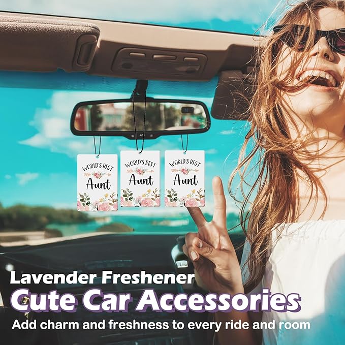 Aunt Auntie Gifts Car Air Freshener Accessories 3pcs,World's Best Gifts for Aunt Christmas, Pink Flower Rustic Hanging Scent Lavender Fragrance Card for Women Closet Bathroom Home Decor