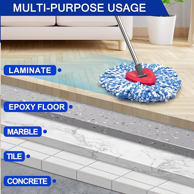 JEHONN Spin Mop Replacement Heads, Base, Handle for O-Cedar EasyWring 1 Tank System, Includes 2 Microfiber Refills, 1 Triangle Cover and 58 inches Long Pole for Cleaning Bathroom Kitchen Tile Floor