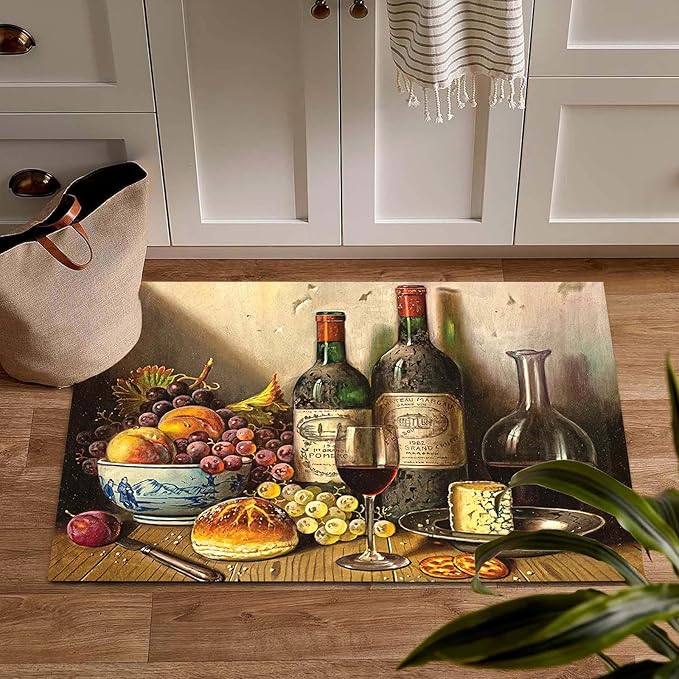 Wine Theme Kitchen Mat and Rugs Cushioned Floor Mat Non-Slip Leather Kitchen Mats for Home Office Laundry 4x5ft/48x60in