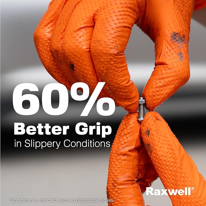 Raxwell Orange Nitrile Gloves 8.5 Mil - Powder-Free Puncture-Resistant Protection - Diamond-Texture Work Gloves with Grip
