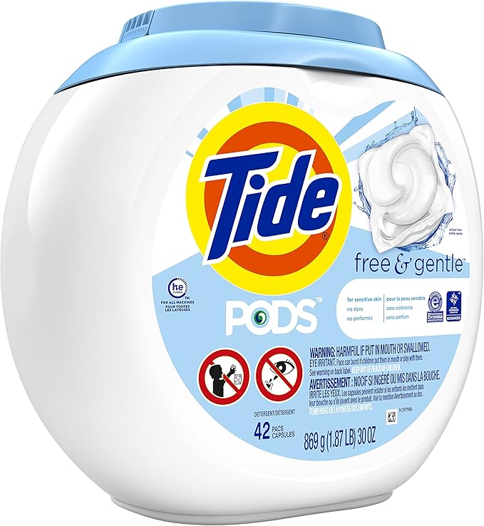 Tide Pods Liquid Detergent Pacs, Free & Gentle, 42 Count (Pack of 4) (Packaging May Vary)