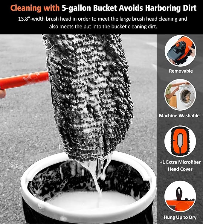 YeewayVeh 55" Car Wash Brush Mop with Long Handle, 15 Degree Curved Extendable Car Wash Brush with Extra Microfiber Mop Head, Soft Car Washing Brushes with Storage Bag for Truck SUV Cleaning, Orange