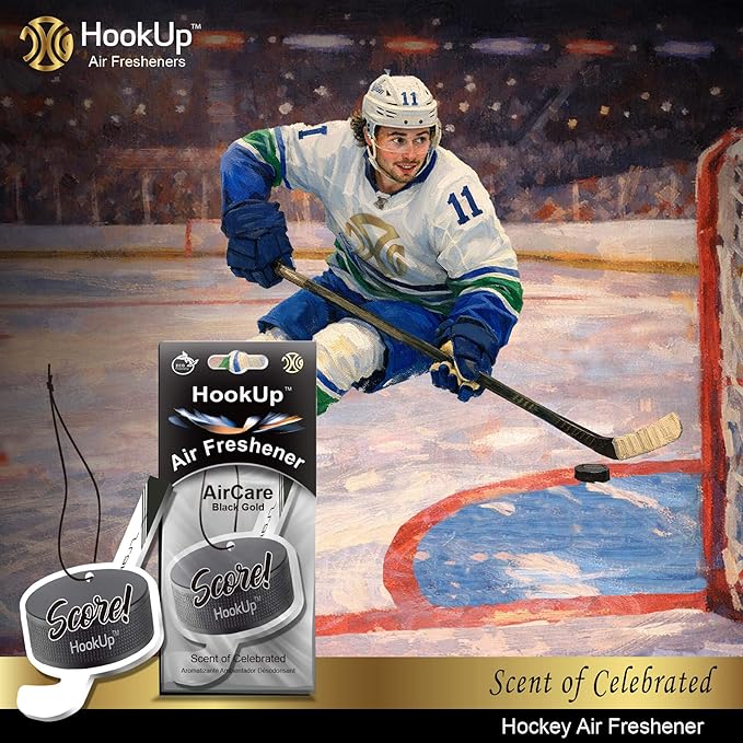 Hockey Car Air Freshener by HookUp - 2 Pack - Black Gold Scent (Extra Strong) | Unique Hockey Gift for Players, Coach, Fans | Hanging Car Accessory with Long Lasting Fresheners Smell