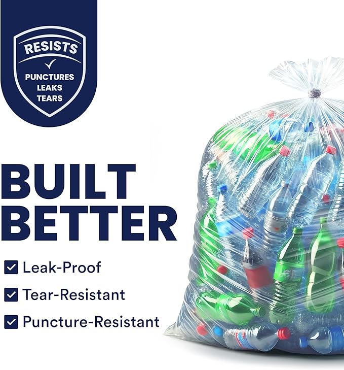 Plasticplace Contractor Trash Bags 55-60 Gallon, Heavy Duty Garbage Bags, 3.0 Mil Clear Trash Bags, Tear-Resistant Large Trash Can Liners for Construction, Recycling & Home Improvement (50 Count)