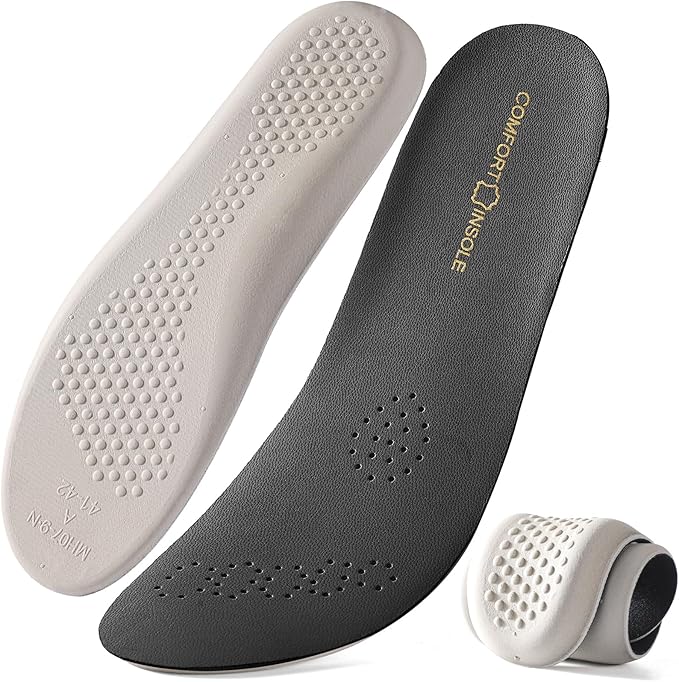 Leather Sockless Shoe Insoles for Men, Thin Dress Work Boots Inserts - Shock Absorption, Anti Sweat & Anti-Odor, for Athletic Shoes, Leather Shoes & Business Shoes (Men 8-8.5 / Women 8-9.5)