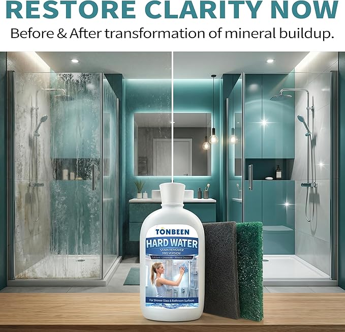 Hard Water Stain Remover Paste with Polishing Pads – Calcium & Limescale Cleaner for Shower Glass, Shower Doors & Tiles, Includes 800 & 1200 Grit Pads, 500ml,16.9fl oz