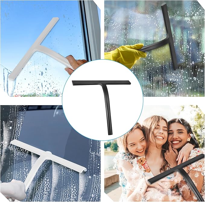 Shower Squeegee for Glass Doors, Mirror Window Tile Scrubber Cleaner with Hook Silicone (Black)