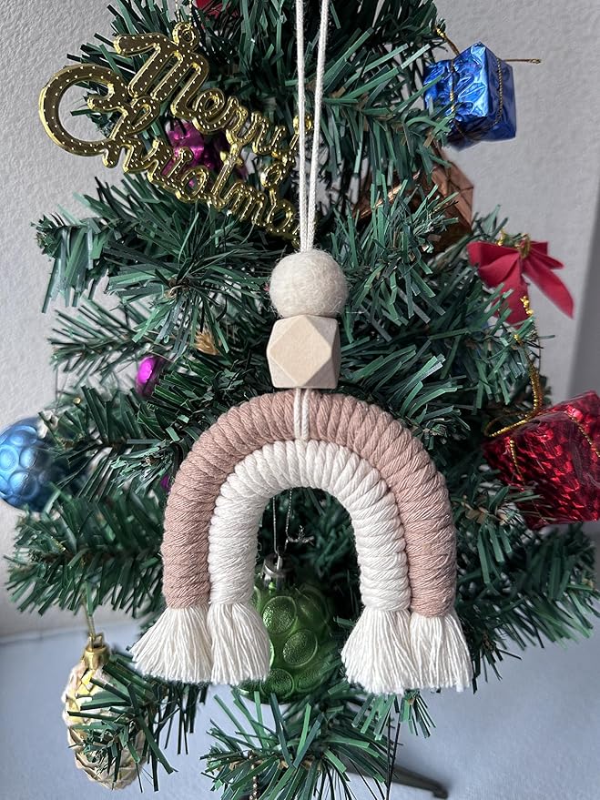 Macrame Rainbow Charm Boho Felt Ball Wood Bead Essential Oils Diffuser Interior Decor Handmade Car Accessories Colorful Hanging Air Freshener Decor(Brown)