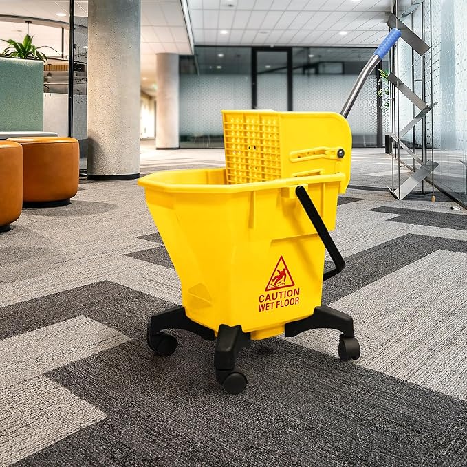 6.6 Gallons Mop Bucket with Wringer - Non-Tip Design & Heavy-Duty Plastic, Spin Mop System for Hardwood Floors, Space-Saving Single Bucket (Yellow, 6.6 Gallons)