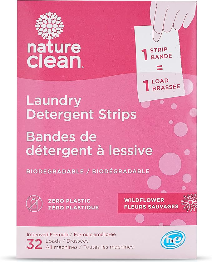 Nature Clean Plastic-Free Packaging Laundry strips, Eco-Friendly Laundry Detergent Sheets Wildflower, 32 count 2-pack