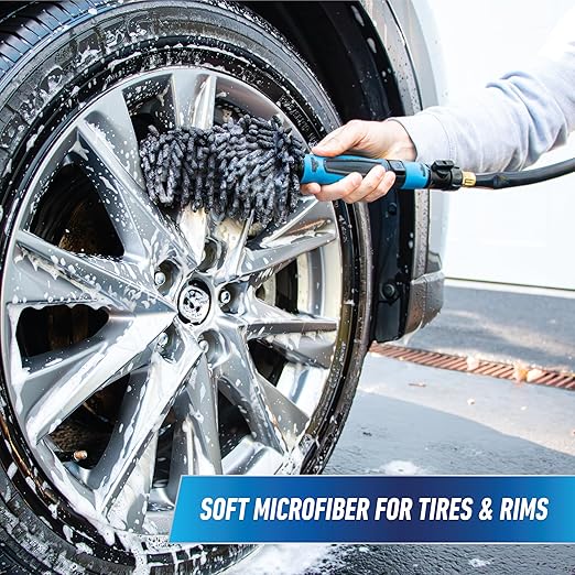 Unger 7” Hydropower Wheel & Detail Brush with Adjustable On/Off Water Control Valve for Car and Auto Cleaning, Non-Scratch Microfiber Sleeve, Machine Washable, Flexible for Rims, Tires, and Wheels