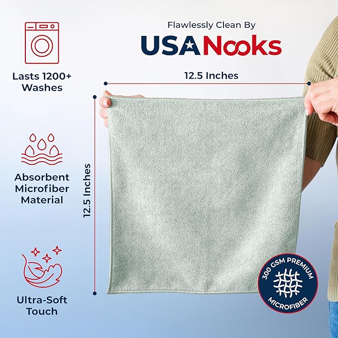 USANOOKS Microfiber Cleaning Cloth - Sea Green - 8Pcs (12.5x12.5 inch) High Performance - 1200 Washes, Ultra Absorbent Car Towel Traps Grime & Liquid for Streak-Free Mirror Shine - car Washing Cloth
