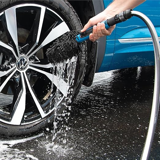 Unger 7” Hydropower Wheel & Detail Brush with Adjustable On/Off Water Control Valve for Car and Auto Cleaning, Non-Scratch Microfiber Sleeve, Machine Washable, Flexible for Rims, Tires, and Wheels
