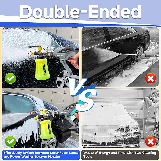 M MINGLE Foam Cannon for Pressure Washer with Dual Connector Accessory, Power Washer Soap Cannon with Double Tip Attachment, 5 Pressure Washer Sprayer Nozzles, 1/4" Quick Connect