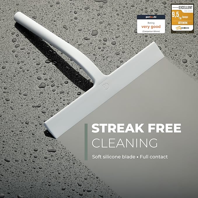 GÜTEWERK Silicone Shower Squeegee for Glass Doors & Mirrors with Stainless Steel Core, Streak-Free & No-Squeak Window Cleaning, 3-in-1 No-Drill Mount (Hook/Suction/Adhesive),White, 13 Inches