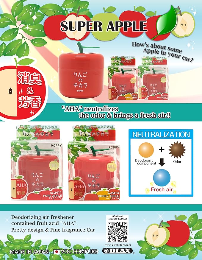car air freshener, Mixed 2 Packs, Pure Apple and Honney Apple Scent in Cute Apple Shape Container, Best JDM Japan Car, Home, Office Air Freshener