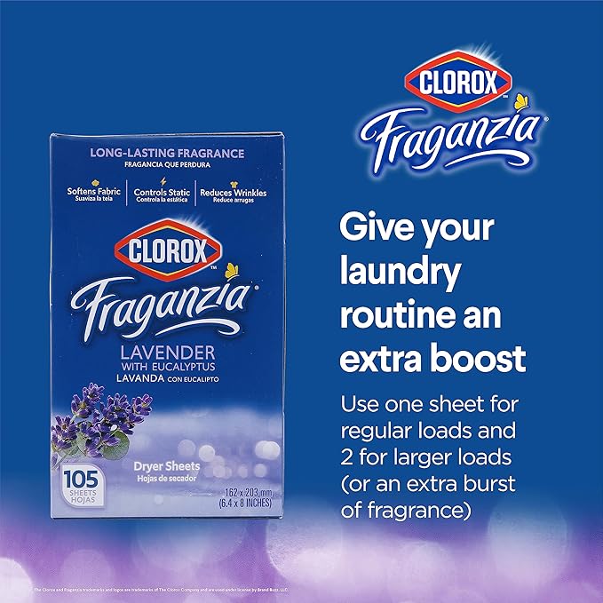Clorox Fraganzia Fabric Softener Dryer Sheets, Wrinkle Reducing and Anti Static Laundry Dryer Sheets for Great Smelling Clothes, Softens Fabrics, Lavender with Eucalyptus Scent, 105 Count