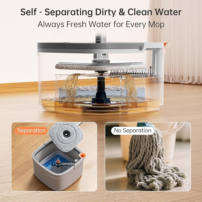 KZKR Spin Mop and Bucket Set with Self Separation Dirty and Clean Water System, Self Wringing 360° Rotating Square Mop Head for Home Floors Cleaning (1.0 Mop and Bucket Set (6 Pads))