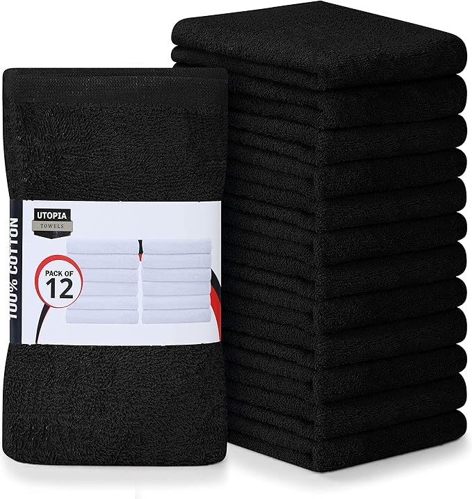 Utopia Towels Kitchen Bar Mops, Pack of 12, 16 by 19 Inches, 100% Cotton Super Absorbent Black Towels, Multi-Purpose Cleaning Towels for Home and Kitchen Bars