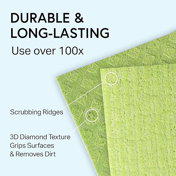 Swedish Wholesale Dishcloths Reusable 8" x 7" Sponge Cloths, Bulk 10 Pack of High Absorbent Cellulose Dish & Kitchen Cleaning Hand Towels, Wring to Dry & Machine Wash, Odor Resistant, Lime
