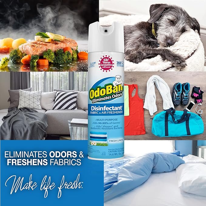 OdoBan Ready-to-Use Disinfectant and Harsh Smell Eliminator, Air and Pet Aroma Freshener and Purifier, Set of 2, 14.6 Ounce 360-Degree Continuous Spray and 14 Ounce Scent Absorber, Fresh Linen Scent