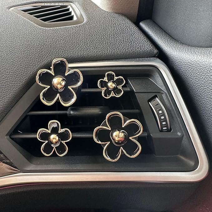 4PCS Daisy Flower Air Vent Clip Air Conditioning Outlet Clip Car Air Freshener Clip Car Interior Decor Charm Colorful Car Interior Accessories for Girls Women (Black)