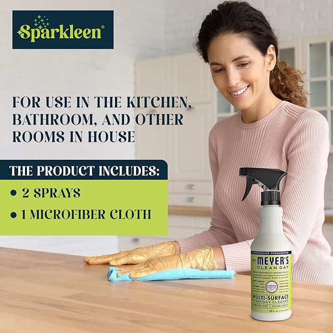 Mrs. Meyers Multi-Surface All Purpose Cleaner Set, Multi-Purpose Cleaner 2 Pack 16 oz. Lemon Verbena Spray and Cloth Set Bundle for Bathroom, Living Room or Bedroom,