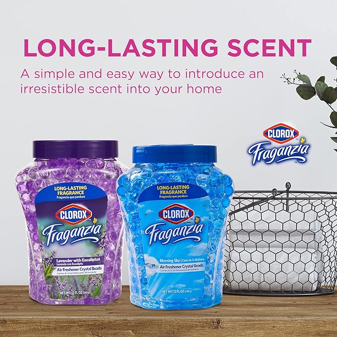 Clorox Fraganzia Crystal Beads Air Freshener, Long Lasting Room Deodorizer and Odor Eliminator Gel Beads to Freshen Home, Car, or Office, Morning Sky Scent, 12 Fl Oz - 6 Pack
