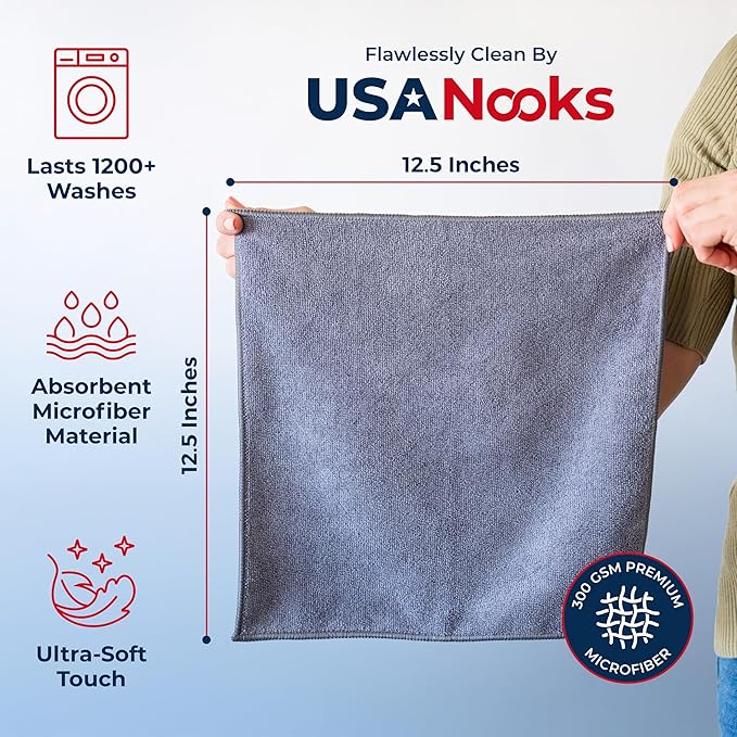 USANOOKS Microfiber Cleaning Cloth Grey - 50 Pcs (12.5"x12.5") - High Performance - 1200 Washes, Ultra Absorbent Microfiber Towel Weave Grime & Liquid for Streak-Free Mirror Shine - Car Washing Cloth