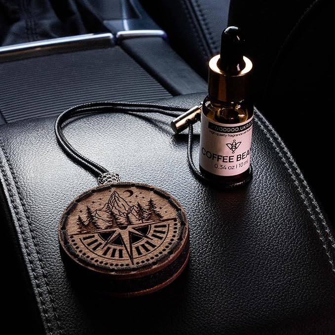 Wood Car Air Freshener — Handmade Car Air Freshener — Compass Mountains Designed Fragrance Oil Diffuser in Wooden Gift Box — Aromatherapy Set with Coffee Beans Fragrance Oil - 10 ml