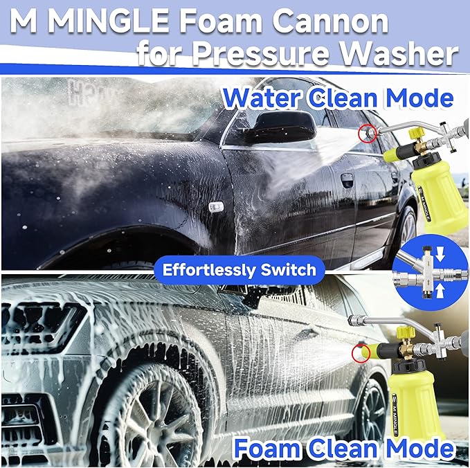 M MINGLE Foam Cannon for Pressure Washer with Dual Connector Accessory, Power Washer Soap Cannon with Double Tip Attachment, 5 Pressure Washer Sprayer Nozzles, 1/4" Quick Connect