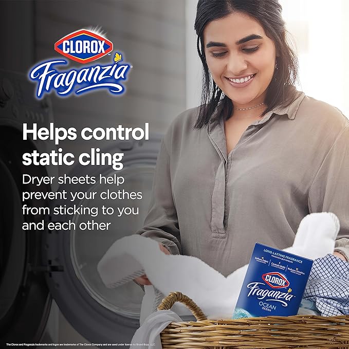 Clorox Fraganzia Fabric Softener Dryer Sheets, Wrinkle Reducing and Anti Static Laundry Dryer Sheets for Great Smelling Clothes, Softens Fabrics, Fresh Ocean Scent, 80 Count