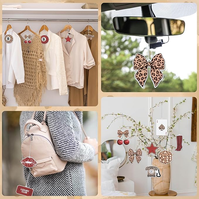 Trendy Red Leopard Car Air Fresheners - 12Pcs Retro Preppy Cheetah Lucky 8 Ball Stars Freshener Hanging Ornaments for Women, Interior Air Refresh Decoration for Car Mirror Birthday Gifts Home