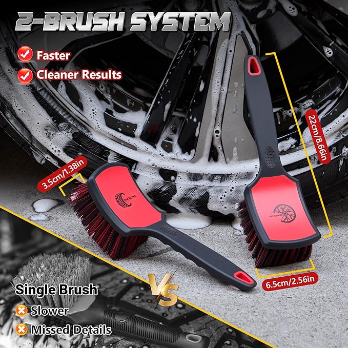 Wheel & Tire Brush Set, 2 Pack Car Wheel Brush & Tire Cleaner Brushes, Soft Bristle Rim Brush and Stiff Tire Scrub Brush, Scratch-Free Wheel Cleaning Kit for Car Detailing, Trucks, SUVs