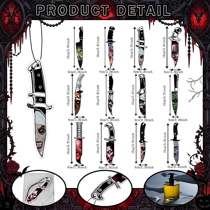 Faccito 12 Pcs Gothic Car Air Fresheners Horror Movie Freshener Gifts Hanging Ornament Scents Knife Classic Character Accessory for Men Women Lover