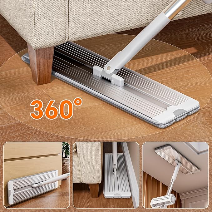 Self Wringing Microfiber Mop - Hands-Free Flat Mop with Wringing Blade | Aluminum Panel, Wet Dry for Apartment, Tiny Home, Windows, Wall, Hardwood, Laminate, Tile, Vinyl, 4 Reusable Pads