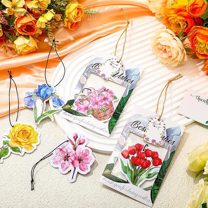 Demissle 50 Sets Flowers Car Air Freshener Wedding Party Souvenirs Favors for Guests Envelope with Window Thank You Tag for Bridal Baby Shower Favor Bulk Auto Drawer Closet Office Home