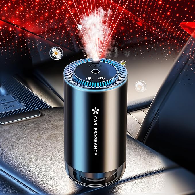 Smart Car Air Freshener - Automatic Essential Oils Aroma Diffuser - Rechargeable Auto On/Off Fragrance Fresheners with Starry Lights Projector - 3 Adjustable Mode Scent Purifier with 50mL Perfume