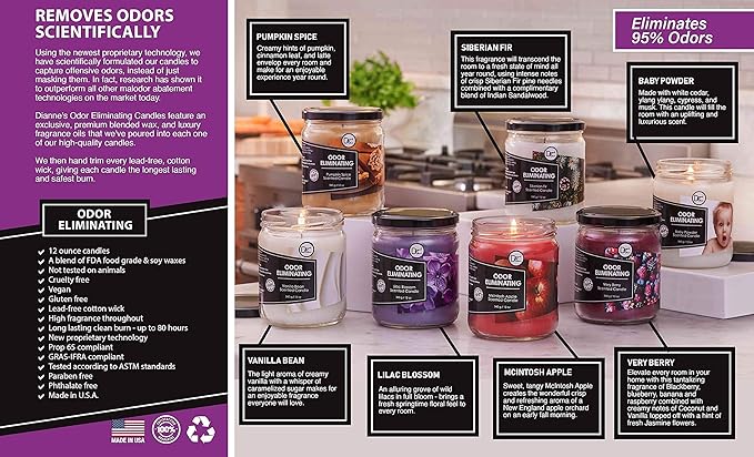 Vanilla Bean Odor Eliminating Highly Fragranced Candle - Eliminates 95% of Pet, Smoke, Food, and Other Smells Quickly - Up to 80 Hour Burn time - 12 Ounce Premium Soy Blend