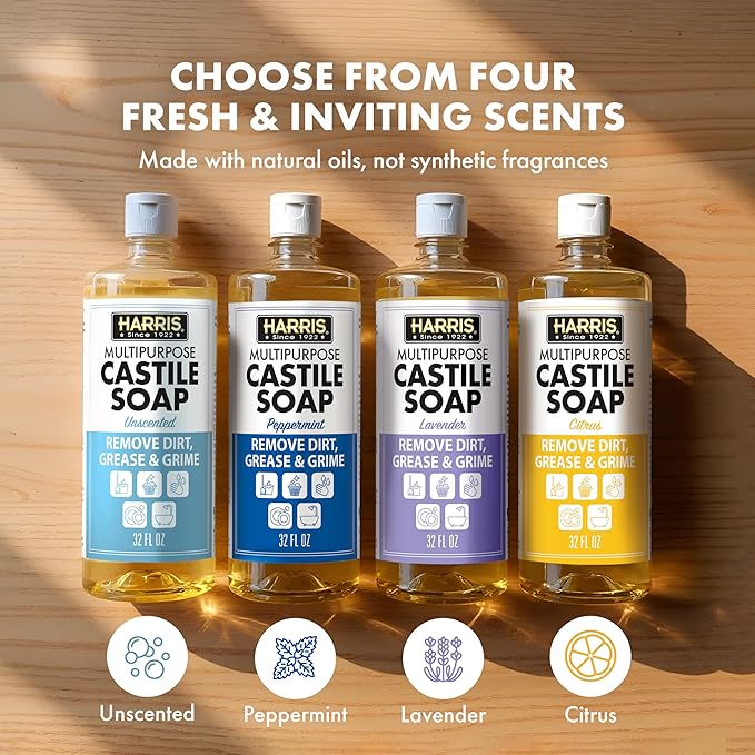 HARRIS Multi-Purpose Liquid Castile Soap for Home Cleaning, Use as Dish Soap, Laundry Detergent, Kitchen & Bathroom Surface Cleaner, Kids Room, 2 Pack of 32 Fl Oz with Microfiber Cloth (Unscented)