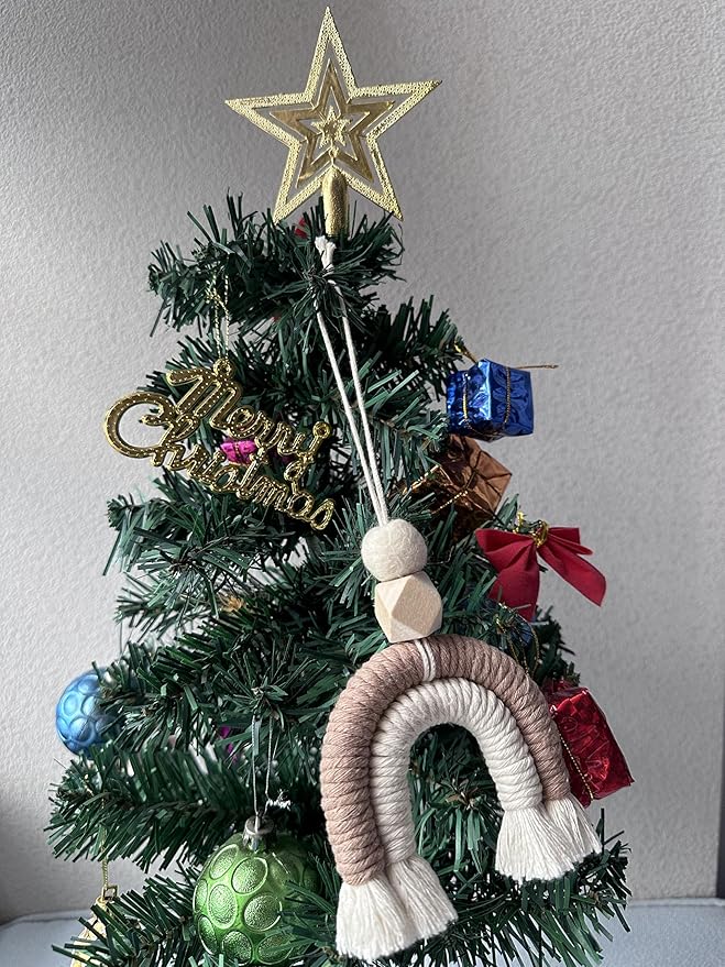 Macrame Rainbow Charm Boho Felt Ball Wood Bead Essential Oils Diffuser Interior Decor Handmade Car Accessories Colorful Hanging Air Freshener Decor(Brown)