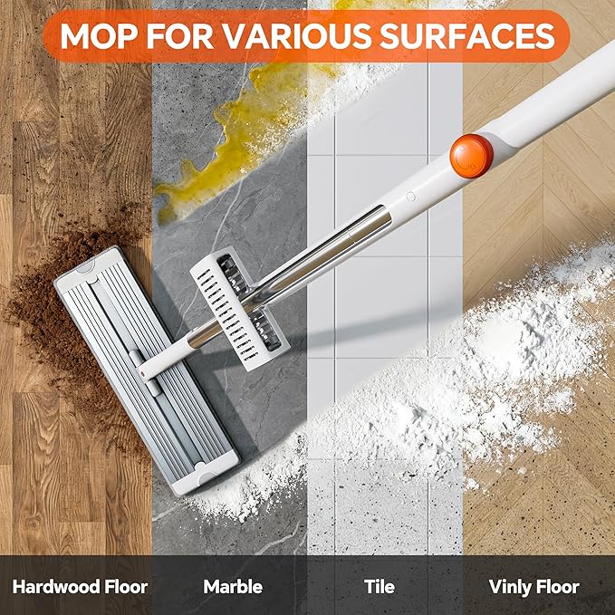 Self Wringing Microfiber Mop - Hands-Free Flat Mop with Wringing Blade | Aluminum Panel, Wet Dry for Apartment, Tiny Home, Windows, Wall, Hardwood, Laminate, Tile, Vinyl, 4 Reusable Pads