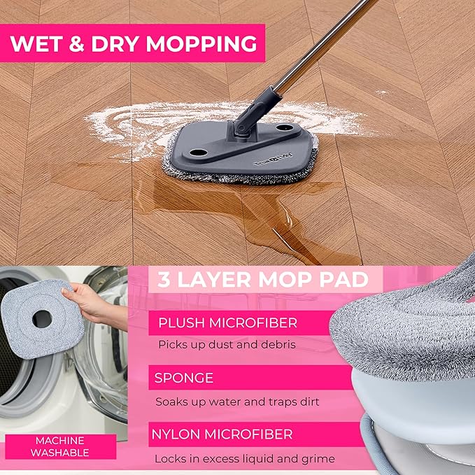 True & Tidy Spin Mop and Bucket System Deluxe with Silicone Sweeper Mop Head and 4 Machine Washable Microfiber Mop Pads