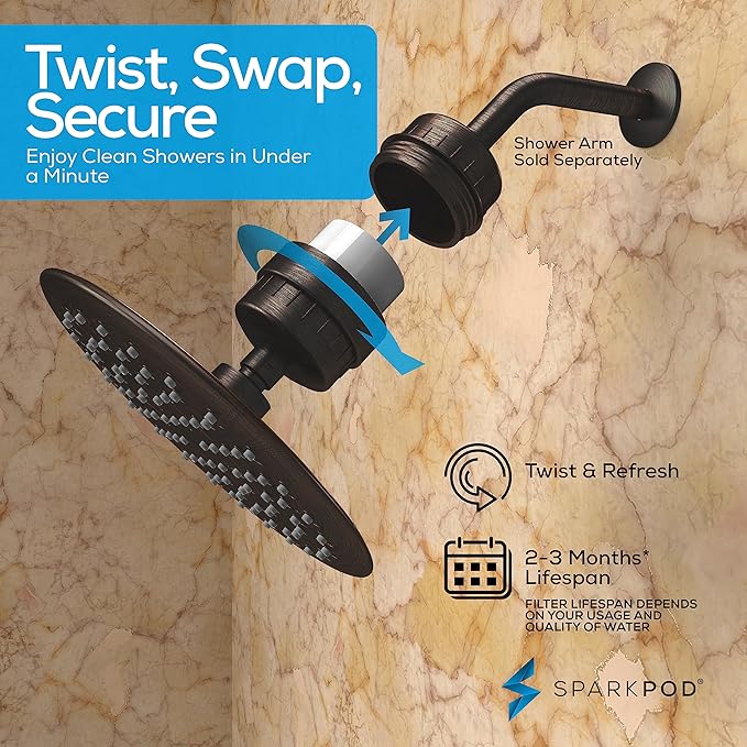 SparkPod Luxury Filtered Shower Head Set 23 Stage Shower Filter - Reduces Chlorine and Heavy Metals - High Pressure Showerhead Filter (9.5" Round, Vintage Oil Rubbed Bronze)