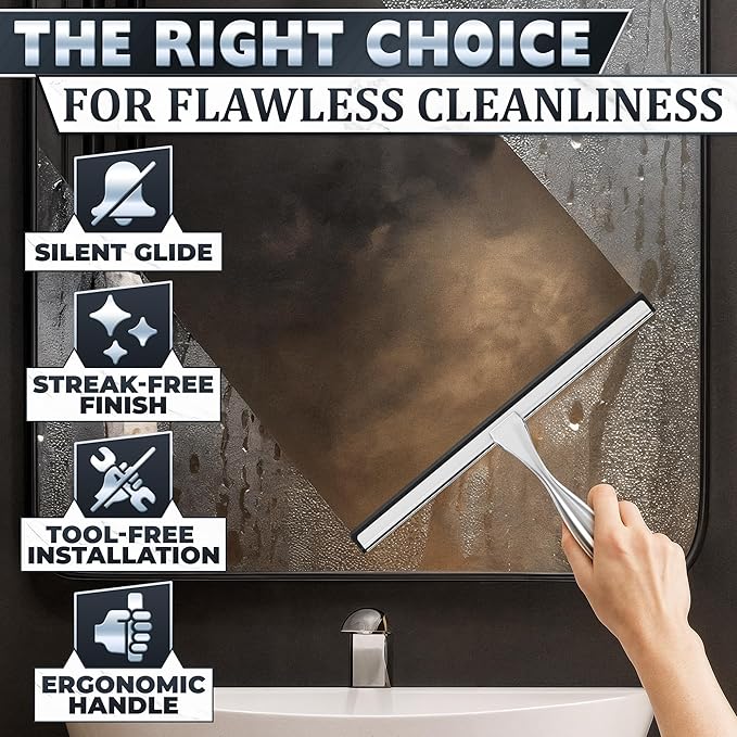 Shower Door Squeegee with Adhesive & Hanging Hooks, 12" Silicone Blade - Stainless Steel All-Purpose Squeegee for Shower Glass, Bathroom Mirror Cleaner Tool Suitable for Tile Walls - Multi-Surface Use