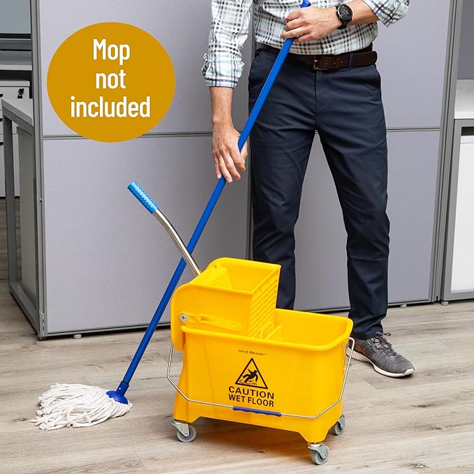 Mind Reader Mop Bucket with Wringer (Mop Not Included), 5.5 Gallon Cleaning Bucket with Wheels and Handle, Upward Press Wringer, Small Mop Compatible, Yellow