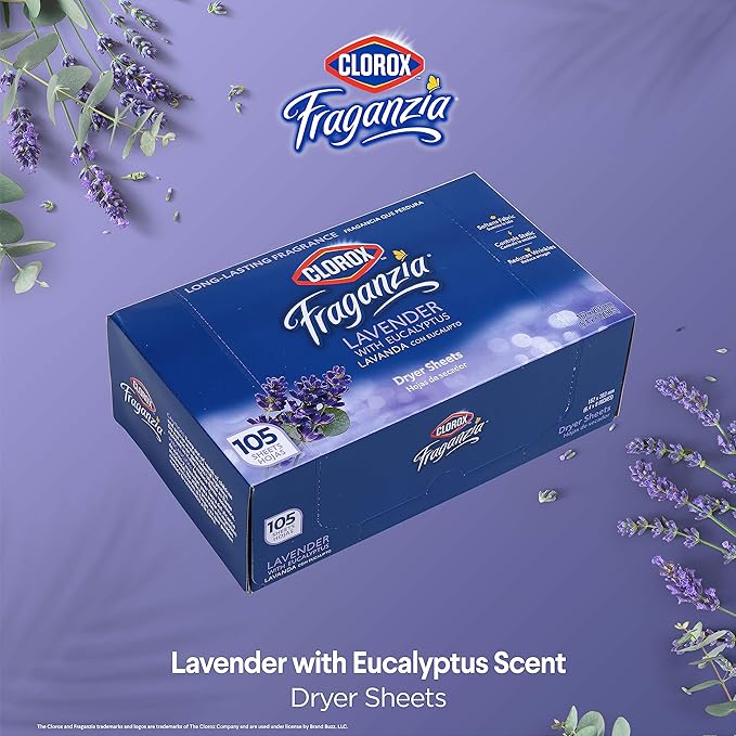 Clorox Fraganzia Fabric Softener Dryer Sheets, Wrinkle Reducing and Anti Static Laundry Dryer Sheets for Great Smelling Clothes, Softens Fabrics, Lavender with Eucalyptus Scent, 105 Count