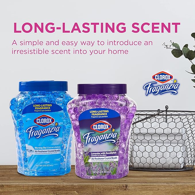 Clorox Fraganzia Crystal Beads Air Freshener, Long Lasting Room Deodorizer and Odor Eliminator Gel Beads to Freshen Home, Car, or Office, Lavender with Eucalyptus Scent, 12 Fl Oz - 12 Pack