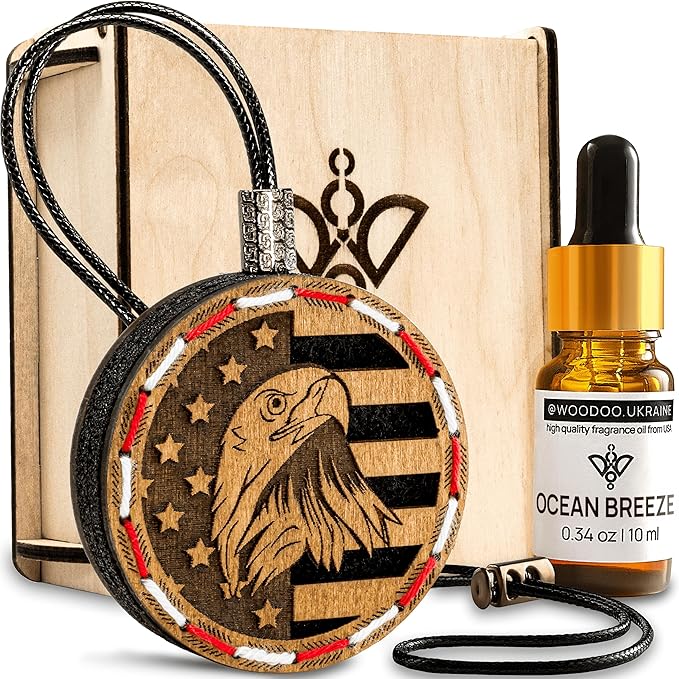 Handmade Wood Car Air Freshener — American Flag Designed Refillable Essential Oil Diffuser — Long Lasting Ocean Breeze Fragrance Oil 10 ml — Car Accessories Gift Box