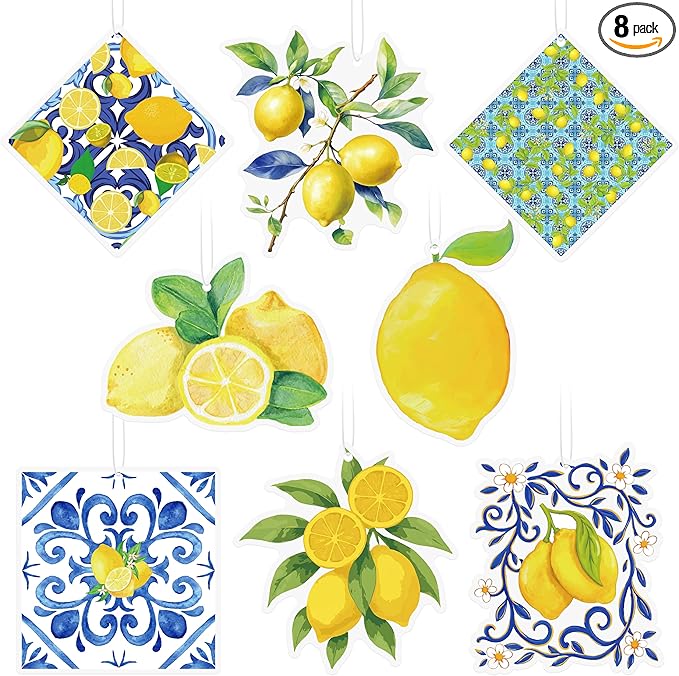 8Pcs Capri Lemon Car Air Fresheners Spring Summer Fruit Blue Tiles Yellow Scented Rearview Mirror Hanging Ornaments Decoration Amalfi Coast Positano Mediterranean Automotive Interior Accessories Decor
